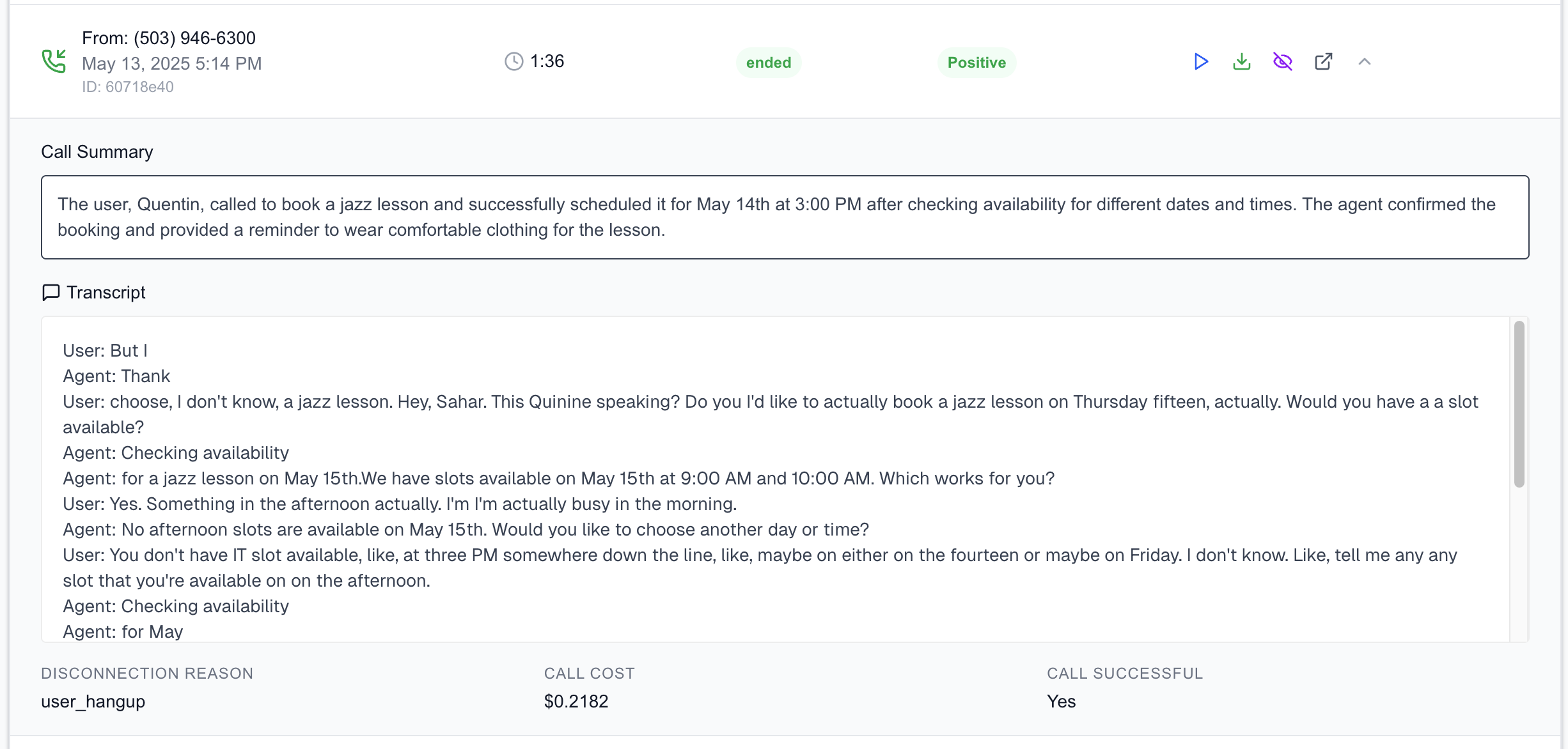 Detailed call view showing AI summary and full transcript of jazz lesson booking conversation