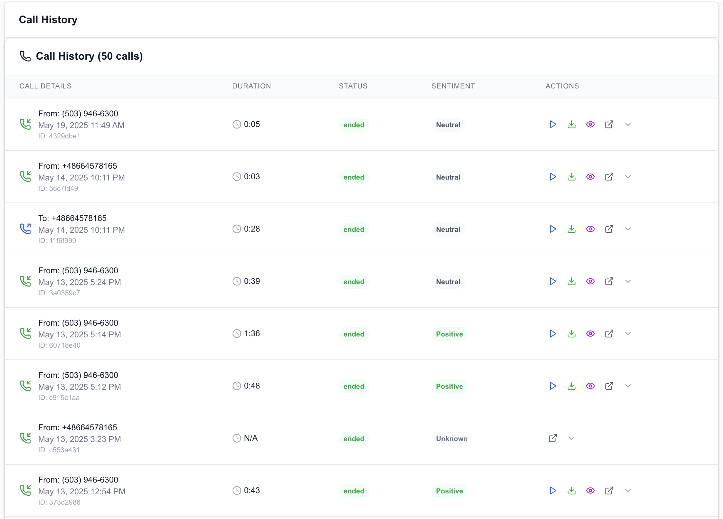 Call history table showing multiple calls with play buttons, download options, and sentiment analysis